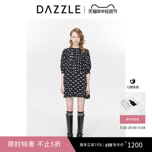 DAZZLE地素 连衣裙春秋新款女装优雅温柔波点黑色A字版短裙