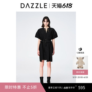 DAZZLE地素秋黑色气质腰封设计感高级感短袖连衣裙小黑裙女