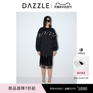 DAZZLE地素 卫衣2024春新款女装设计感千鸟格刺绣图案黑色上衣