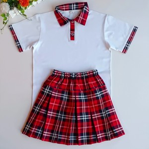 小学生校服班服白色短袖T恤配红格领上衣红白格半身裙儿童合唱服