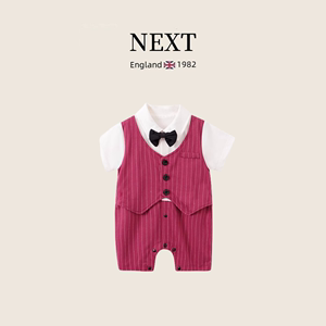 NEXT婴儿小西装百日宴红色连体衣满月短袖夏季男宝宝周岁绅士礼服