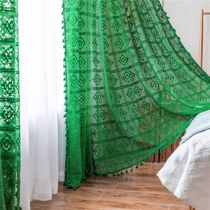 美式复古绿色窗帘蕾丝客厅阳台榻榻米短帘镂空隔断帘棉线挂钩定制