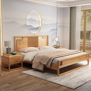 新中式全实木床禅意简约双人 1.8m1.5白蜡木卧室原木色民宿风家具