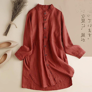 日本高端外贸出口尾单一线品牌剪标女装亚麻中长款棉麻衬衫连衣裙