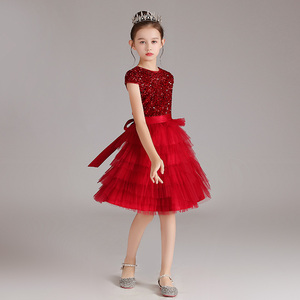 女童红色亮片钢琴礼服蛋糕裙演出服儿童收腰蓬蓬纱表演服短款公主