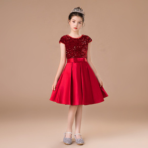 女童酒红色亮片钢琴礼服演出服公主裙短款儿童圆领半袖走秀表演服