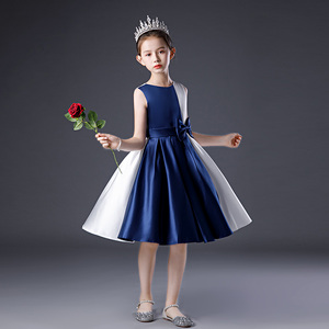 女童钢琴礼服演出服公主裙儿童主持人白色和蓝色走秀表演服短款春