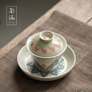 南涵荷花三才盖碗茶杯大号陶瓷功夫茶具套装复古高端单个泡茶碗