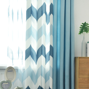 新款美式北欧风格窗帘成品几何简约现代遮光客厅卧室落地棉麻拼接