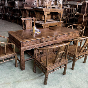 红木鸡翅木茶桌椅组合中式原木办公桌双福茶台加大款实木功夫茶几