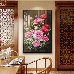 牡丹花开富贵玄关手绘油画新中式装饰画国风古典写实花卉客厅挂画