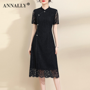 Annally夏季新款优雅气质复古旗袍A字中长款黑色蕾丝连衣裙女
