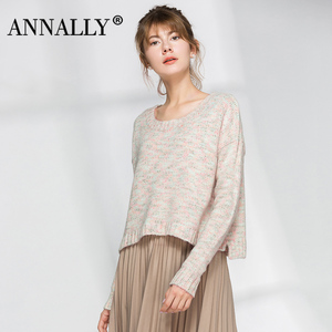 ANNALLY春装新款优雅气质时尚宽松圆领套头前短后长韩版女式毛衣Z