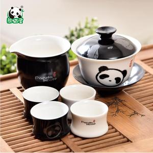 熊猫屋PANDAHOUSE功夫茶套装醉黑白手绘盖碗茶杯陶瓷茶具6件套装