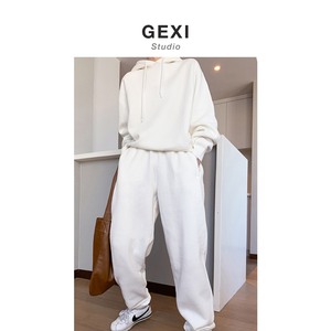 戈夕Gexi加绒白色运动套装女休闲卫衣裤子两件2024春季新款00807