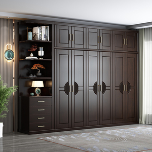 新中式实木衣柜家用卧室大衣橱柜现代简约三四五六门储物原木柜子
