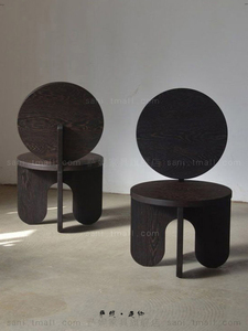 设计师风圆形椅子 中古侘寂风圆凳 黑橡木开放漆圆背 中古风餐椅
