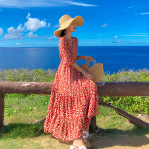 三亚旅游裙中袖沙滩裙新款超仙海边度假连衣裙显瘦长裙女海岛穿搭