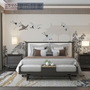 苏粉黛的壁画 瓴鹤 新中式沙发卧室茶室酒店包厢整幅背景墙布壁纸