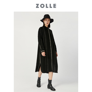 ZOLLE因为秋季新款条纹显瘦衬衫连衣裙纯亚麻舒适连衣裙长款衬衫