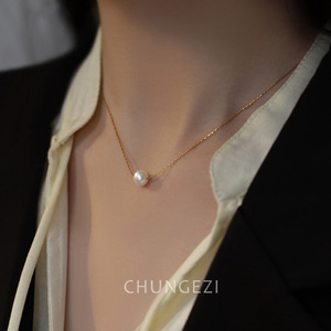 经典简约单颗珍珠项链女纯银s925镀金高级感小众锁骨链百搭颗调节
