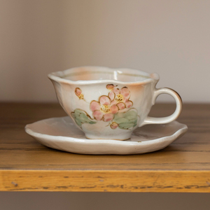 日本美浓烧手绘复古樱花纹釉下彩粗陶瓷咖啡杯碟套装日式水杯茶杯