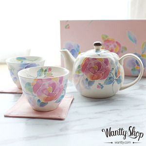 现货日本制美浓烧和蓝水粉玫瑰花手绘釉下彩午茶具套装茶壶对杯子