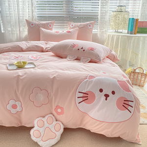 可爱猫咪纯棉水洗棉四件套儿童女孩子床上用品全棉被套卡通公主风