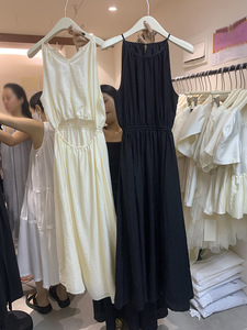 韩国东大门2024夏装新款气质圆领纯色设计感露背吊带连衣裙女裙子