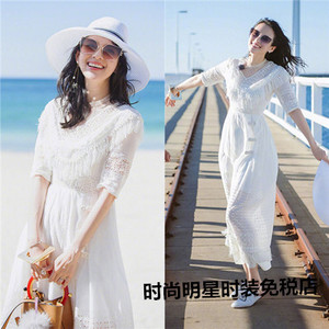 香港妻子的浪漫旅行章子怡baby杨颖同款白色镂空流苏连衣裙度假裙