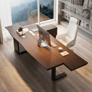 胡桃木色大班台经理老板桌原木大板双拼办公桌个性创意异形工作台