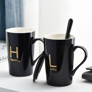 男女情侣杯马克杯子陶瓷水杯家用办公室喝茶咖啡牛奶杯带盖带勺子
