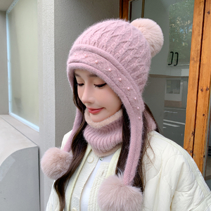 帽子女秋冬保暖珍珠花边条纹三球帽针织帽韩版可爱防风防寒包头帽