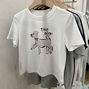 韩国黑色狗狗印花钉珠短袖T恤女宽松百搭圆领设计感上衣夏季新款