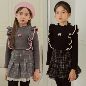 现货韩国BERRY童装女童套装2022冬花边樱桃针织衫格子短裙子毛衣