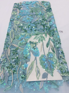 特价民族风蕾丝网纱一码面料珠片刺绣3D植物花卉礼服亮片服装布料