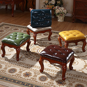 美式小换鞋凳欧式实木茶几凳矮凳子皮方凳客厅沙发垫脚小板凳家用