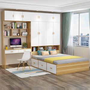榻榻米衣柜床一体多功能书桌书架床柜组合小户型实木整体储物柜子