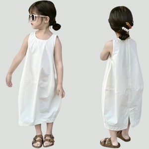 白色花苞无袖连衣裙2024夏款女童文艺清新棉布裙新款2-8岁裙子
