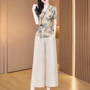 中国风旗袍套装2024新款夏棉麻阔腿裤高端品牌减龄漂亮洋气两件套