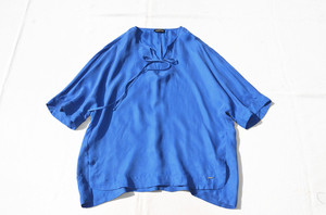 舒适透气铜氨丝短袖t恤宝蓝色系带宽松蝙蝠袖上衣纯色休闲衬衫夏