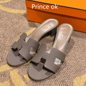 Prince ok/新品 高跟拖鞋女外穿大象灰掌纹真皮粗跟中跟凉拖鞋