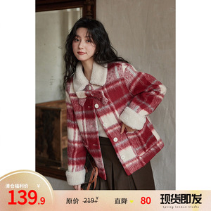 【福利清仓】冬季设计感小众红色短款新年保暖加厚毛呢格子外套女
