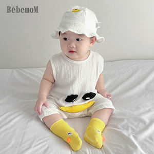 婴幼儿夏装0-2岁衣服软纱棉质香蕉嘴巴鸭子薄款棉质连身哈衣爬服