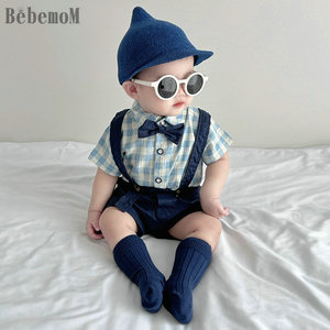 男婴儿童套装夏季格子衬衫短袖背带裤韩版男童套装现货绅士礼服装