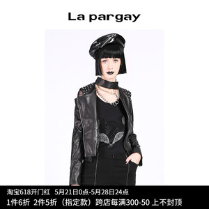 Lapargay纳帕佳2023秋冬新款女式黑色短款长袖皮衣外套设计感上衣