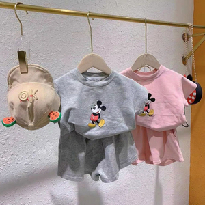 韩版女童运动套装夏装网红儿童米奇T恤短袖短裤女宝宝粉色两件套