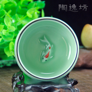 特价龙泉青瓷茶杯陶瓷创意主人杯功夫茶杯汝窑紫砂个性金鱼杯日式