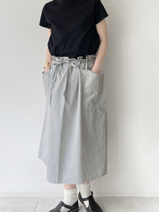 日本制小众代购R&D.M.Co制品染纯棉细绳腰带梯形轮廓大贴袋半身裙