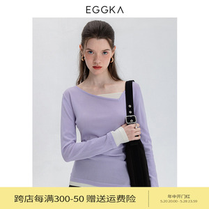 【5折清仓】EGGKA 时尚简约斜领皱褶毛衣女不规则独特长袖针织衫